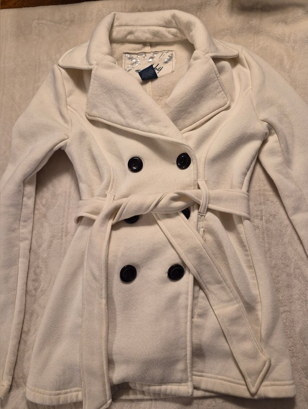 Sebby Cream Double-Breasted Belted Peacoat
